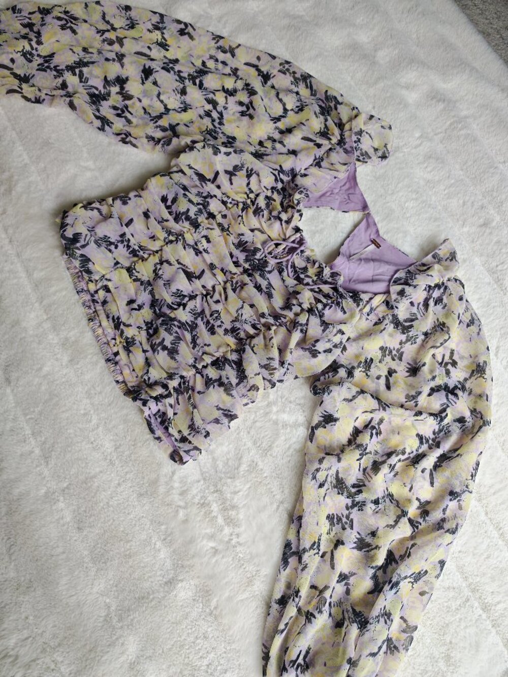 Free People Floral Ruched Blouse Top Puff Sleeve Tie Front Cottagecore Boho M - Picture 7 of 16